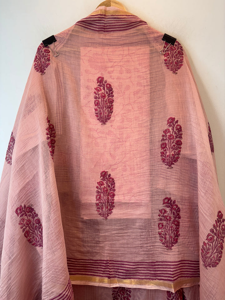 Peach Magenta Mul Chanderi Hand Block Printed Suit Set