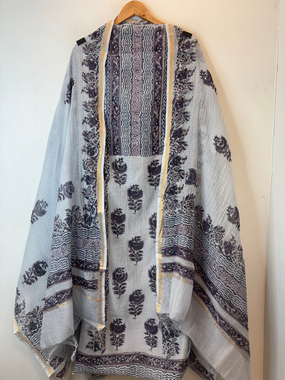 Grey Mul Chanderi Hand Block Printed Suit Set