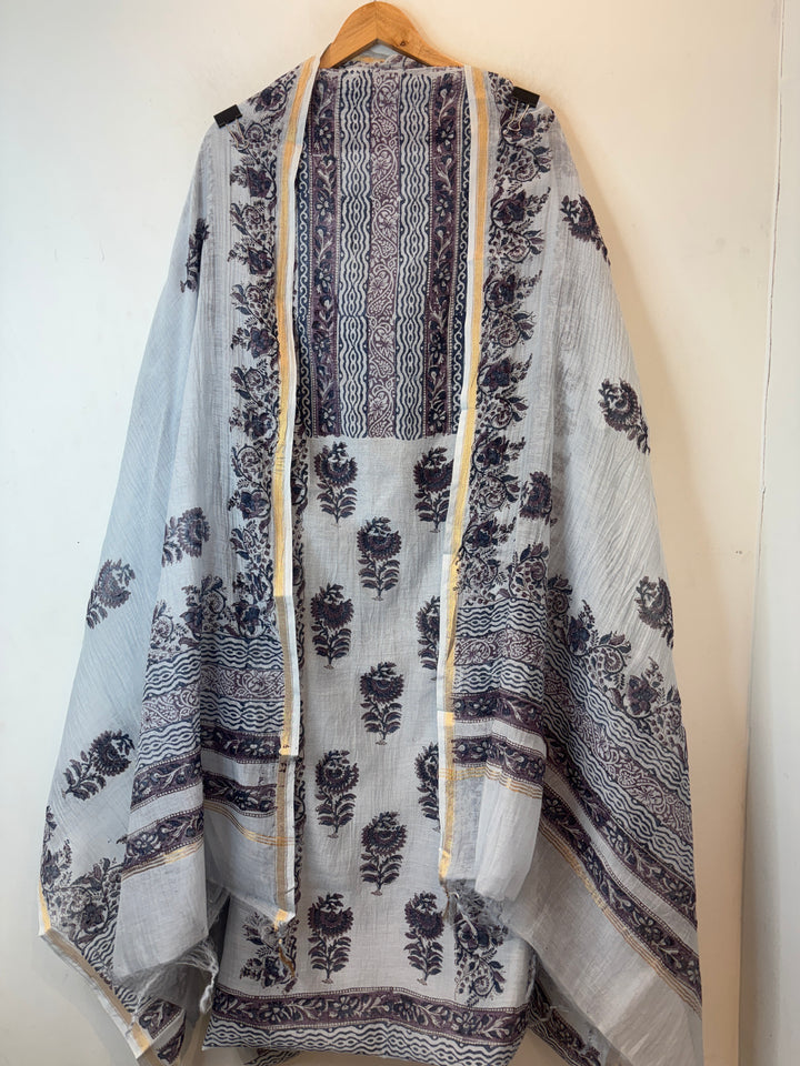 Grey Mul Chanderi Hand Block Printed Suit Set