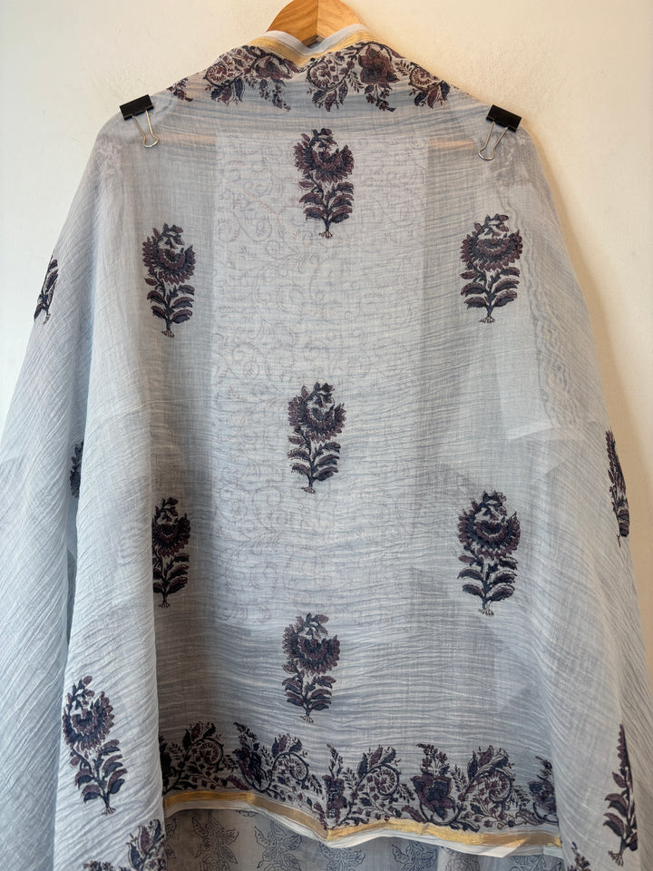 Grey Mul Chanderi Hand Block Printed Suit Set