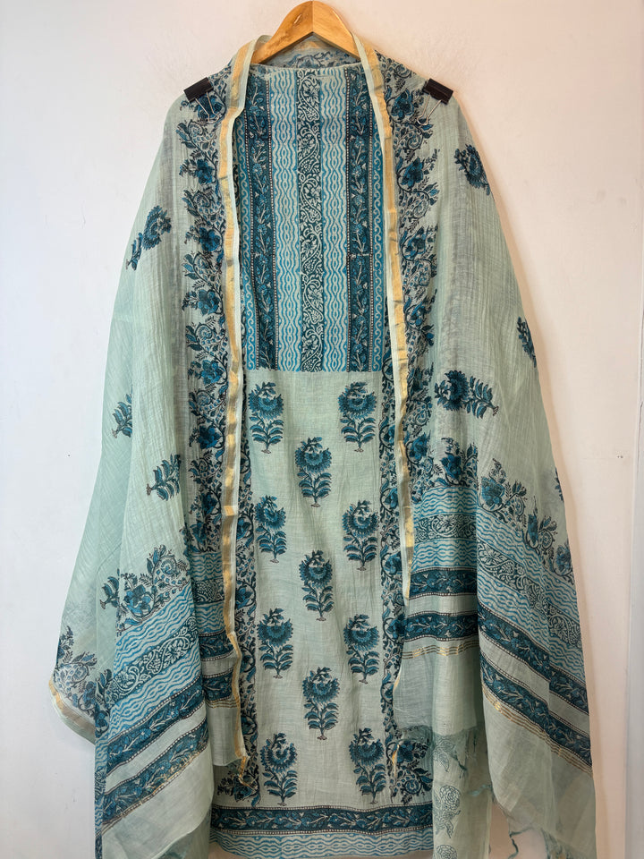Sea Green Mul Chanderi Hand Block Printed Suit Set