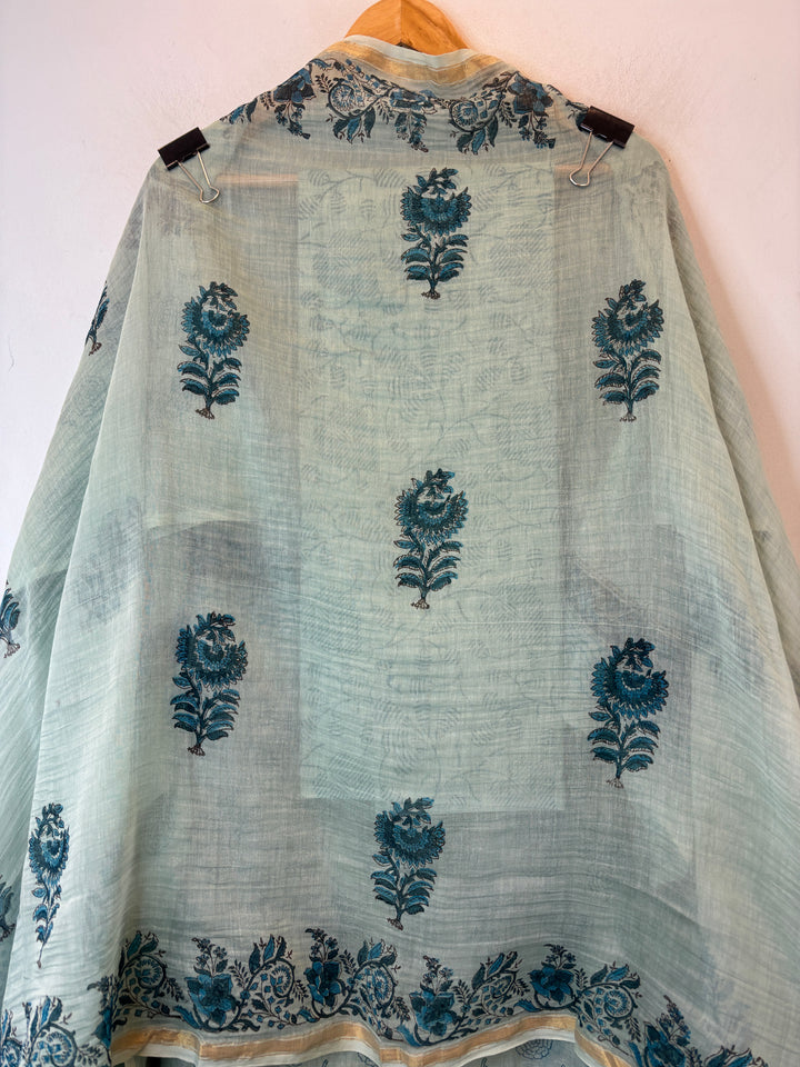 Sea Green Mul Chanderi Hand Block Printed Suit Set