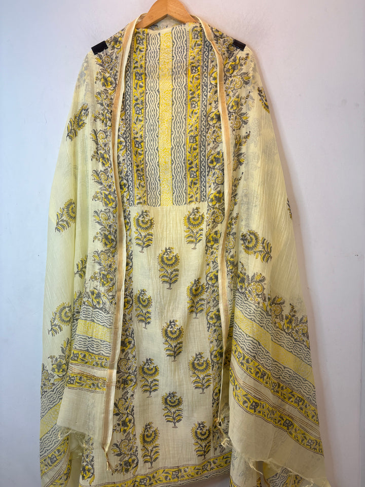Yellow Mul Chanderi Hand Block Printed Suit Set