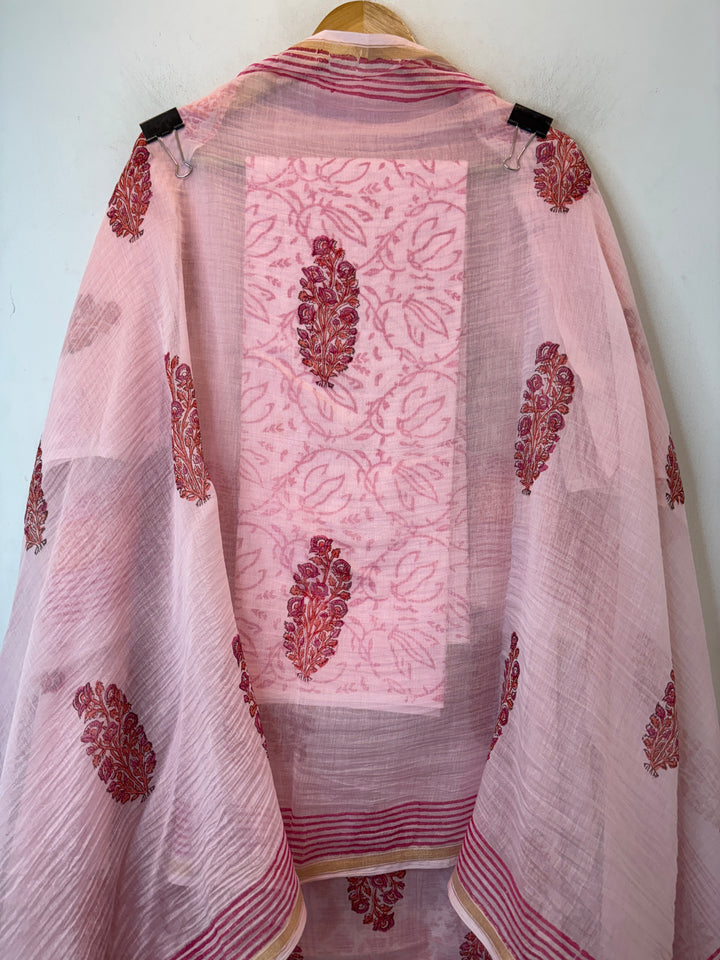 Pink Mul Chanderi Hand Block Printed Suit Set