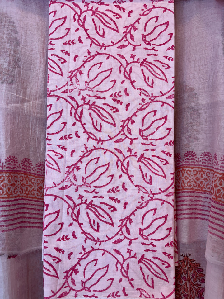 Peach Magenta Mul Chanderi Hand Block Printed Suit Set
