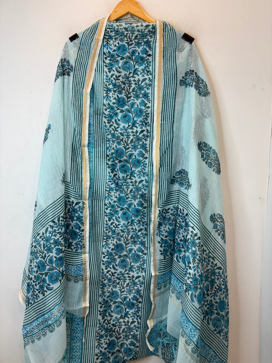 Powder Till Blue Mul Chanderi Hand Block Printed Suit Set