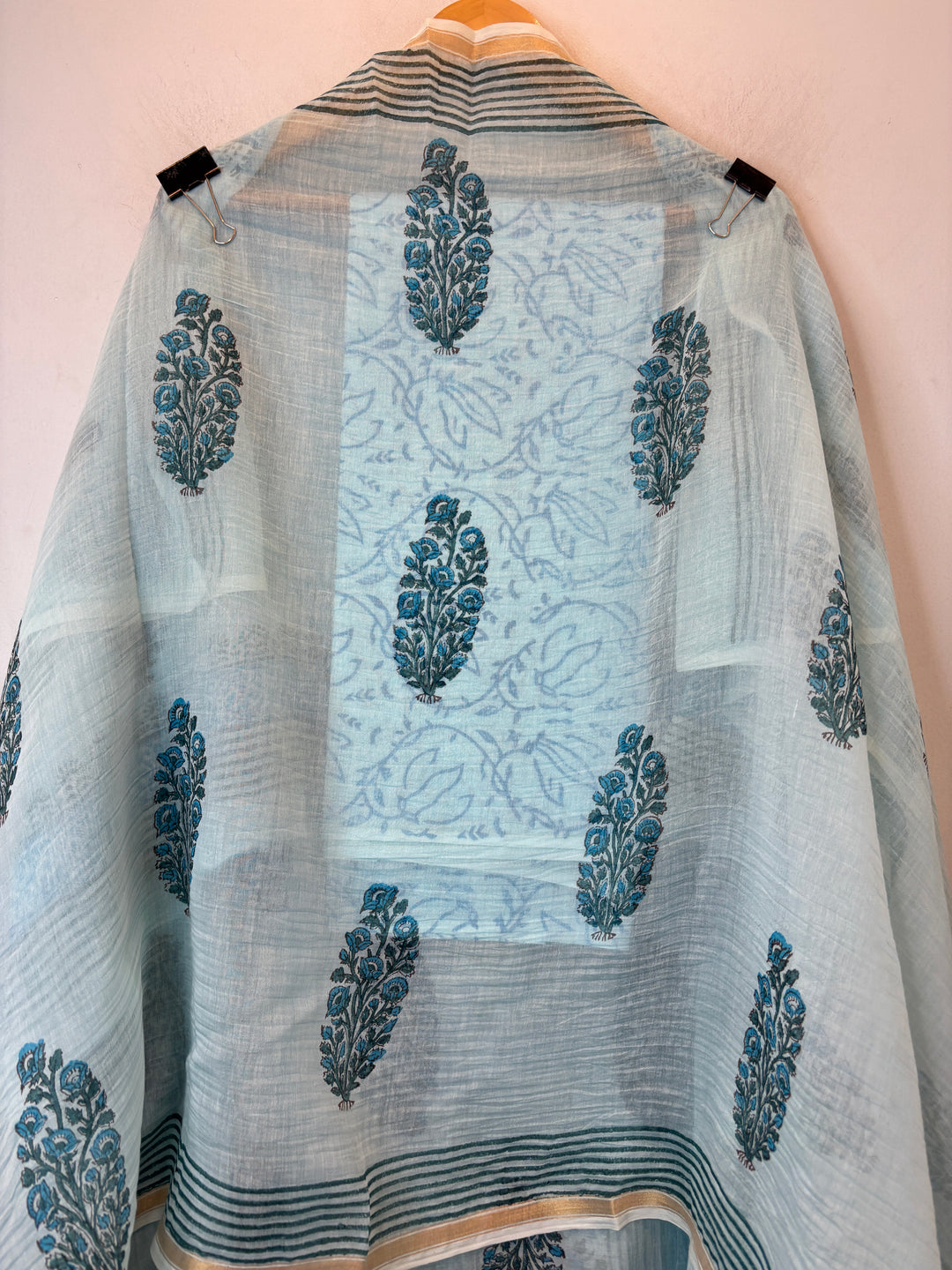 Powder Till Blue Mul Chanderi Hand Block Printed Suit Set
