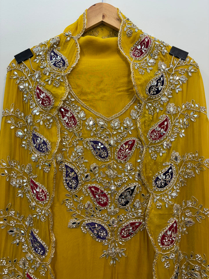 Luxury Organza Unstitched Suit with Mirror &amp; Velvet Paisley Work