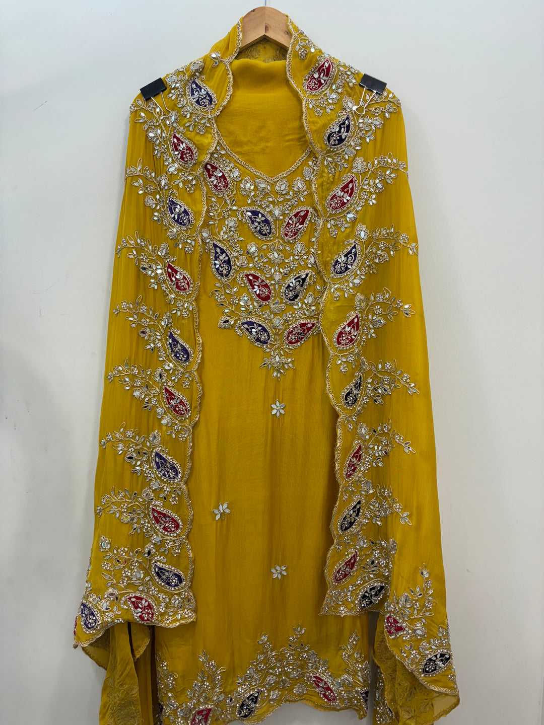 Luxury Organza Unstitched Suit with Mirror &amp; Velvet Paisley Work