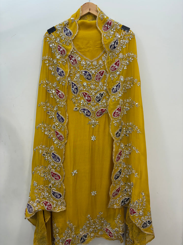 Luxury Organza Unstitched Suit with Mirror &amp; Velvet Paisley Work