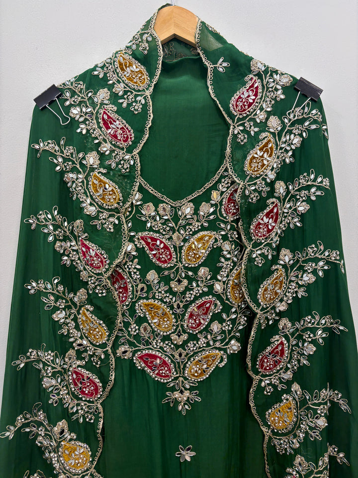 Green Luxury Organza Unstitched Suit with Mirror &amp; Velvet Paisley Work
