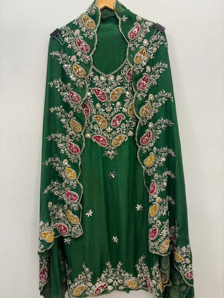Green Luxury Organza Unstitched Suit with Mirror &amp; Velvet Paisley Work