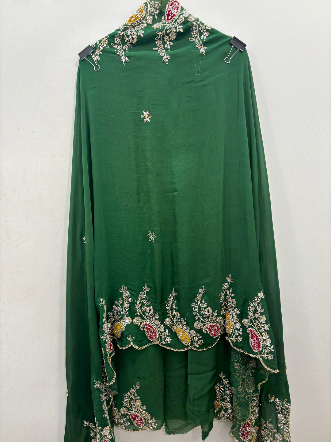 Green Luxury Organza Unstitched Suit with Mirror &amp; Velvet Paisley Work