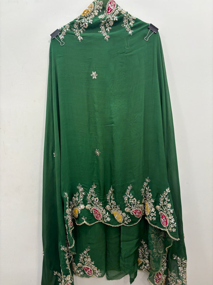 Green Luxury Organza Unstitched Suit with Mirror &amp; Velvet Paisley Work
