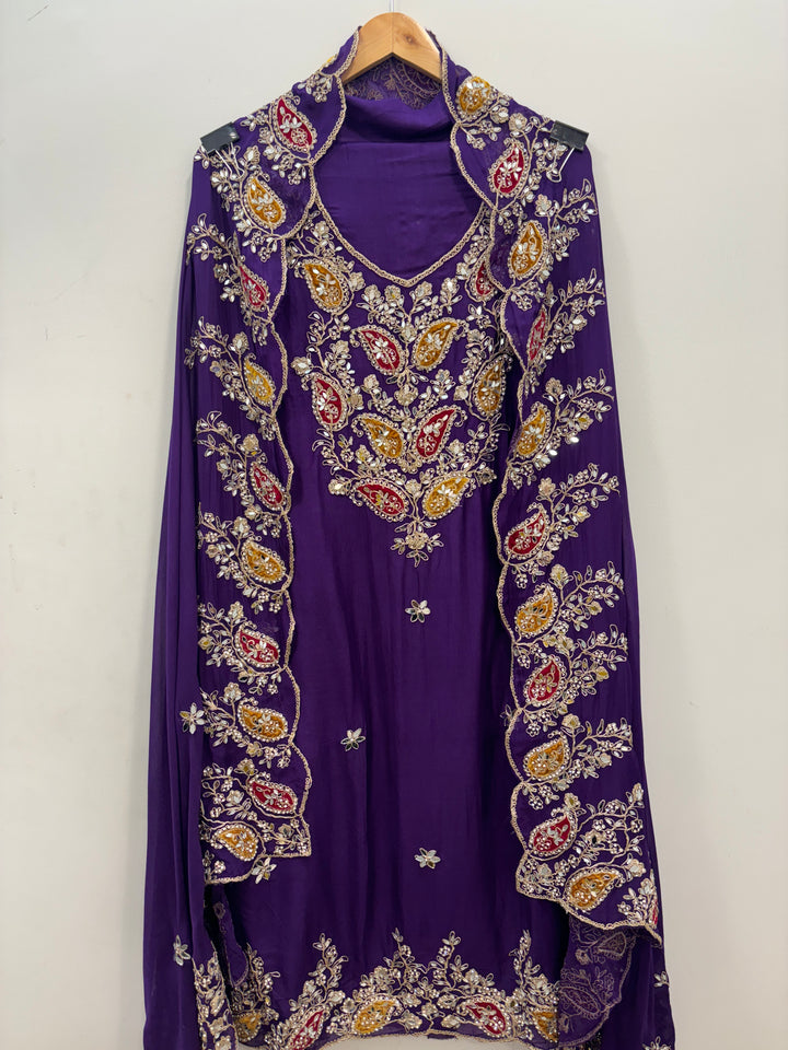 Purple Luxury Organza Unstitched Suit with Mirror &amp; Velvet Paisley Work