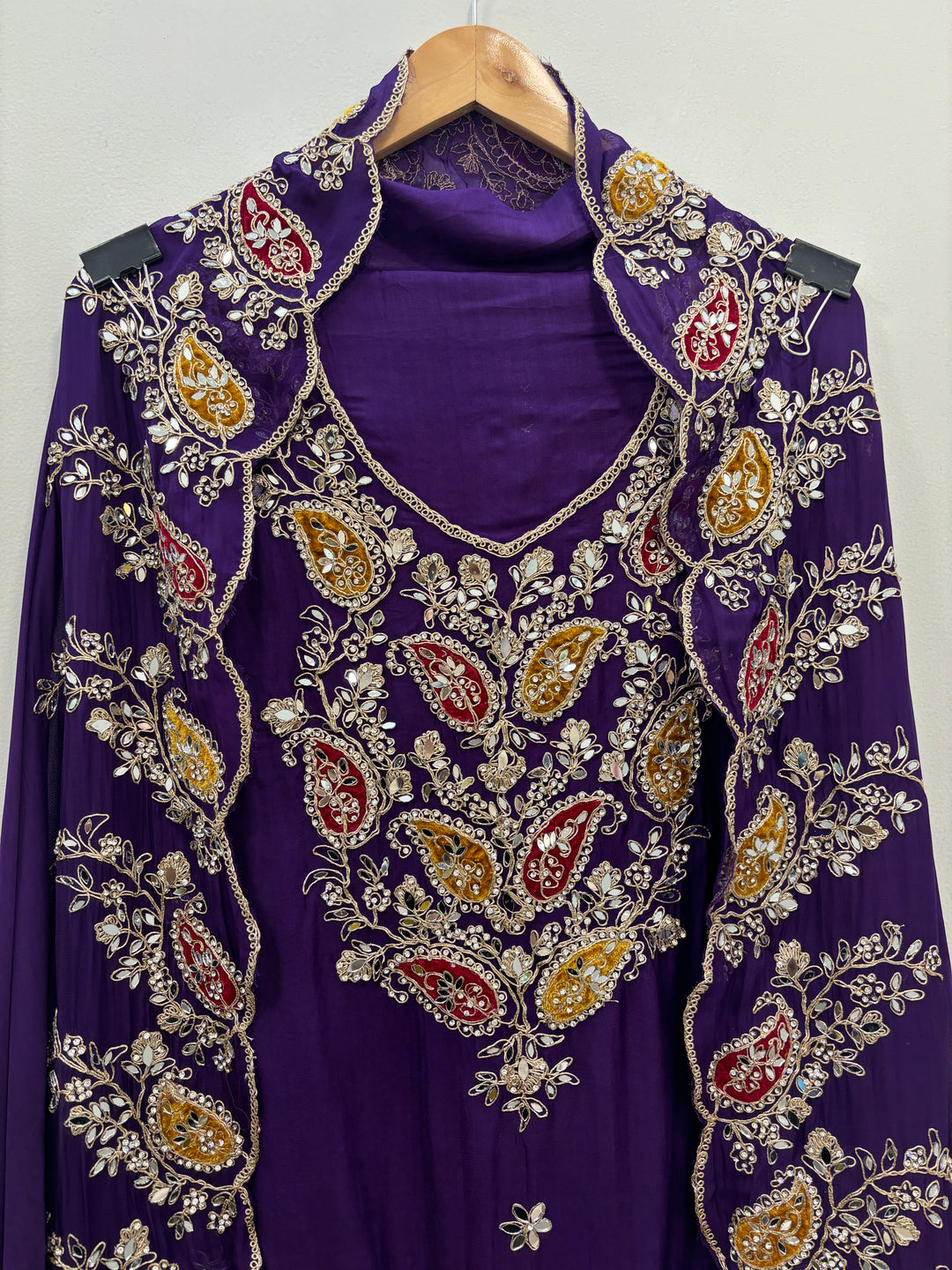 Purple Luxury Organza Unstitched Suit with Mirror &amp; Velvet Paisley Work