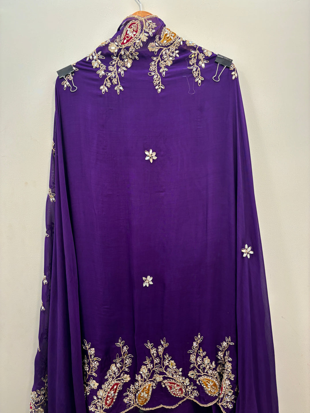Purple Luxury Organza Unstitched Suit with Mirror &amp; Velvet Paisley Work