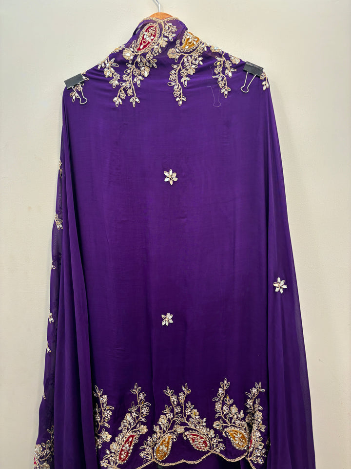 Purple Luxury Organza Unstitched Suit with Mirror &amp; Velvet Paisley Work