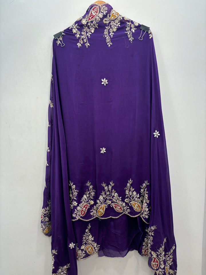 Purple Luxury Organza Unstitched Suit with Mirror &amp; Velvet Paisley Work
