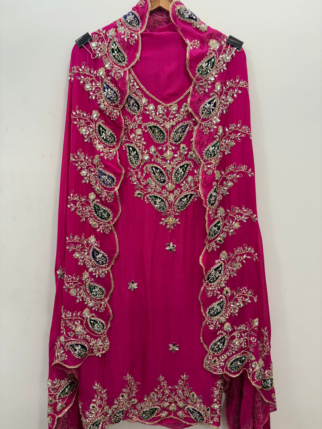 Pink Luxury Organza Unstitched Suit with Mirror &amp; Velvet Paisley Work