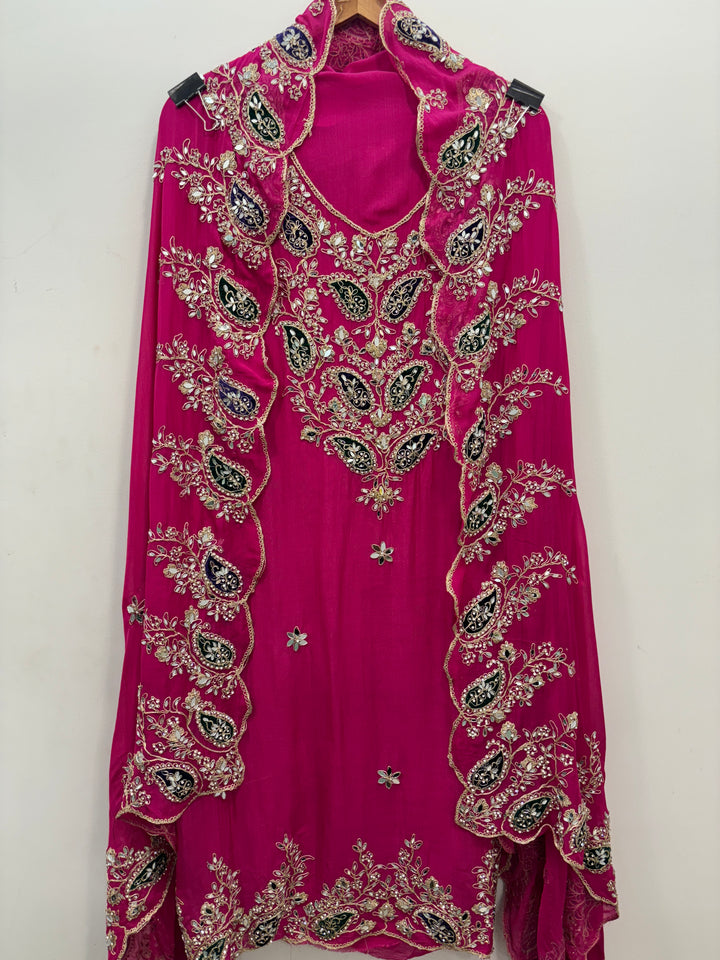 Pink Luxury Organza Unstitched Suit with Mirror &amp; Velvet Paisley Work