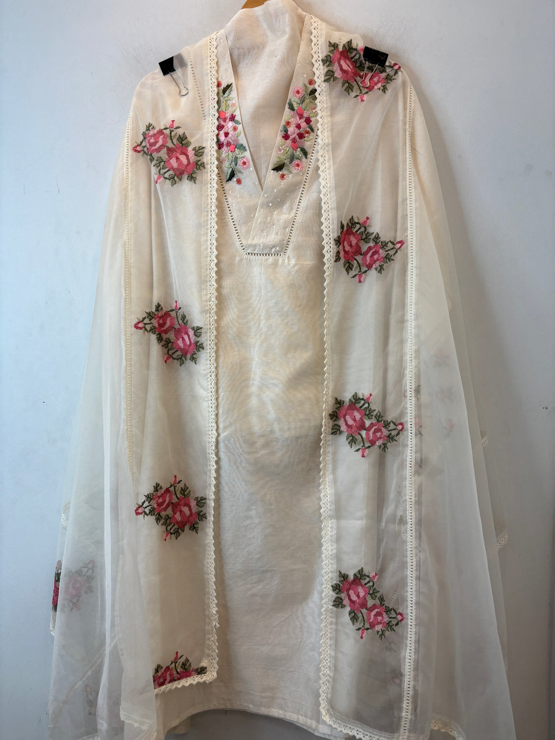 Off White Mul Chanderi Unstitched Suit Set with Embroidery &amp; Crochet Dupatta