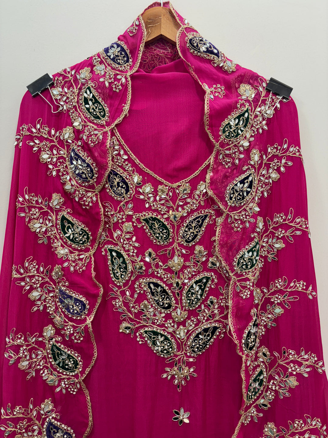 Pink Luxury Organza Unstitched Suit with Mirror &amp; Velvet Paisley Work