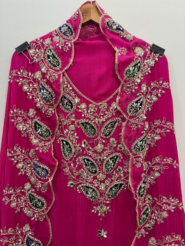Pink Luxury Organza Unstitched Suit with Mirror &amp; Velvet Paisley Work