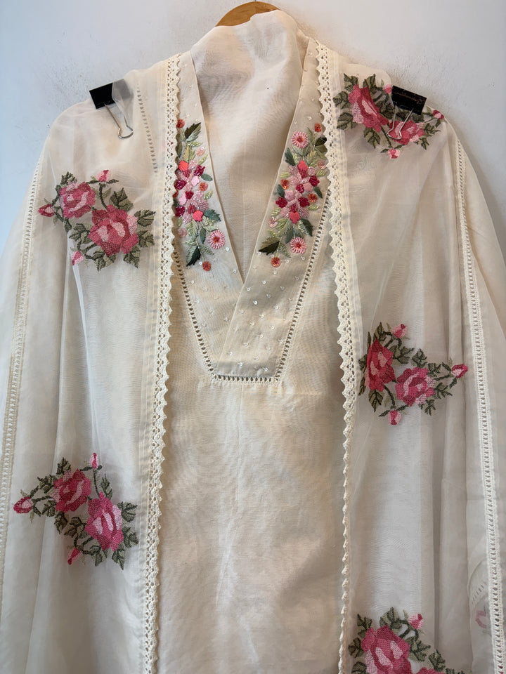 Off White Mul Chanderi Unstitched Suit Set with Embroidery &amp; Crochet Dupatta