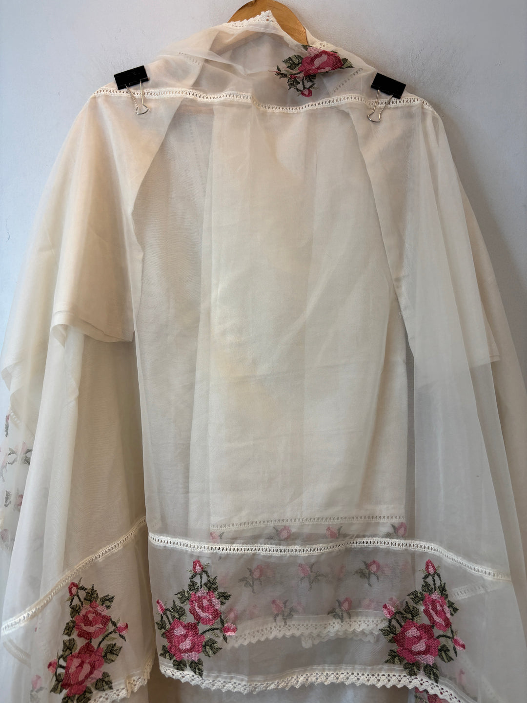 Off White Mul Chanderi Unstitched Suit Set with Embroidery &amp; Crochet Dupatta