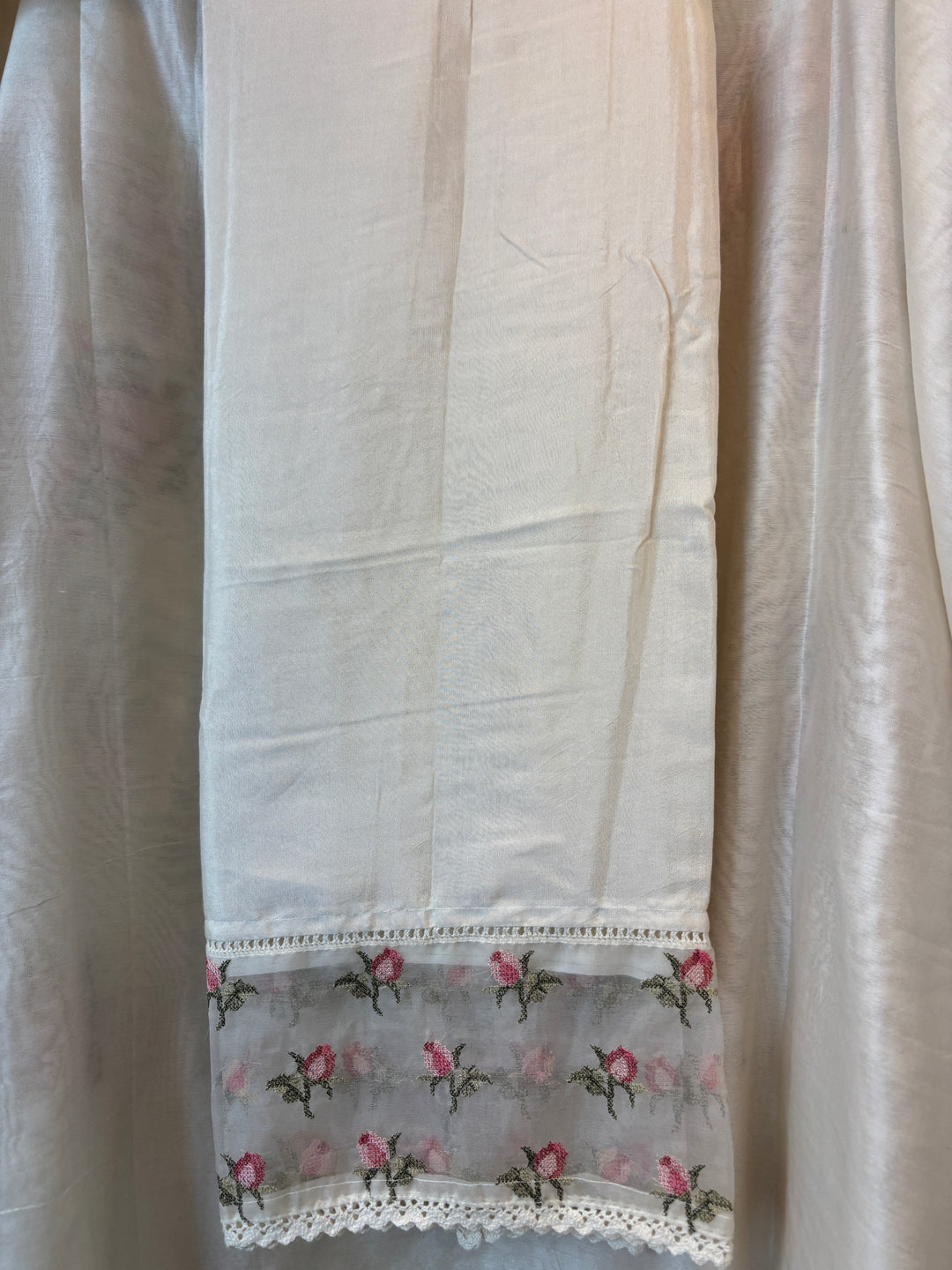Off White Mul Chanderi Unstitched Suit Set with Embroidery &amp; Crochet Dupatta