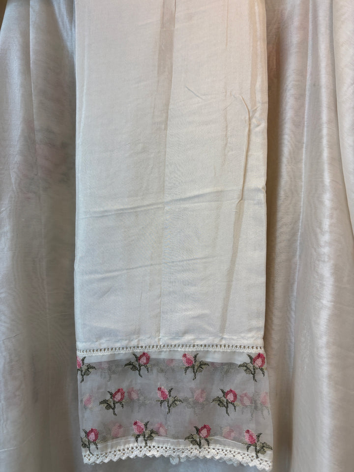 Off White Mul Chanderi Unstitched Suit Set with Embroidery &amp; Crochet Dupatta