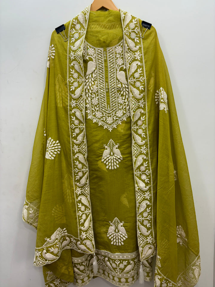 Green Mul Cotton Unstitched Suit with Peacock Embroidery