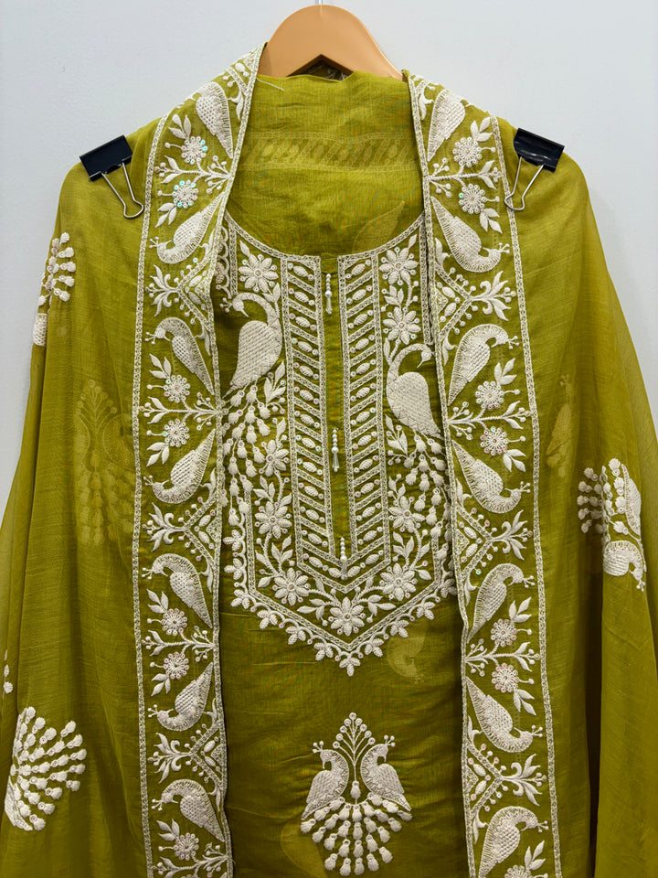 Green Mul Cotton Unstitched Suit with Peacock Embroidery