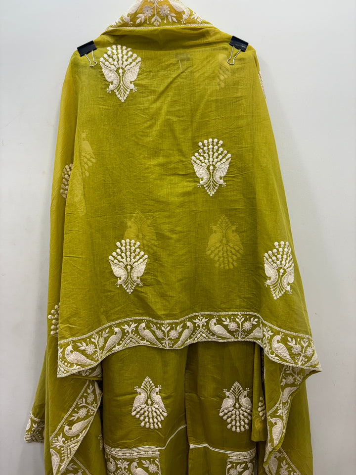 Green Mul Cotton Unstitched Suit with Peacock Embroidery