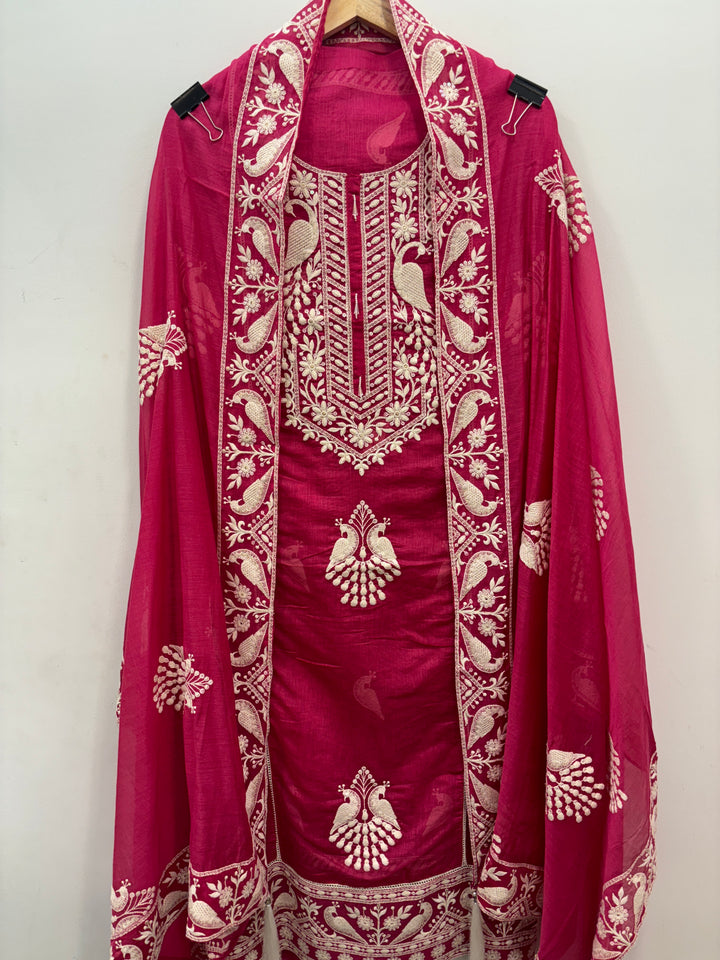 Pink Mul Cotton Unstitched Suit with Peacock Embroidery
