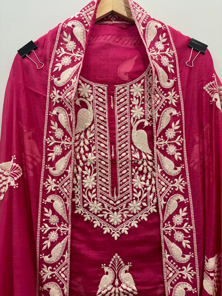 Pink Mul Cotton Unstitched Suit with Peacock Embroidery