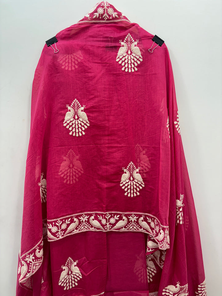 Pink Mul Cotton Unstitched Suit with Peacock Embroidery