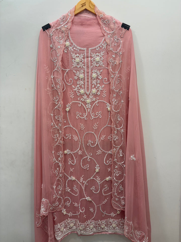 Pink Organza Shimmer Unstitched Suit with 3D Floral Work