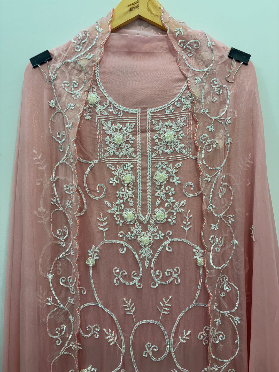 Pink Organza Shimmer Unstitched Suit with 3D Floral Work
