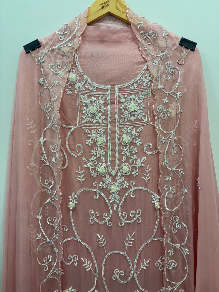 Pink Organza Shimmer Unstitched Suit with 3D Floral Work