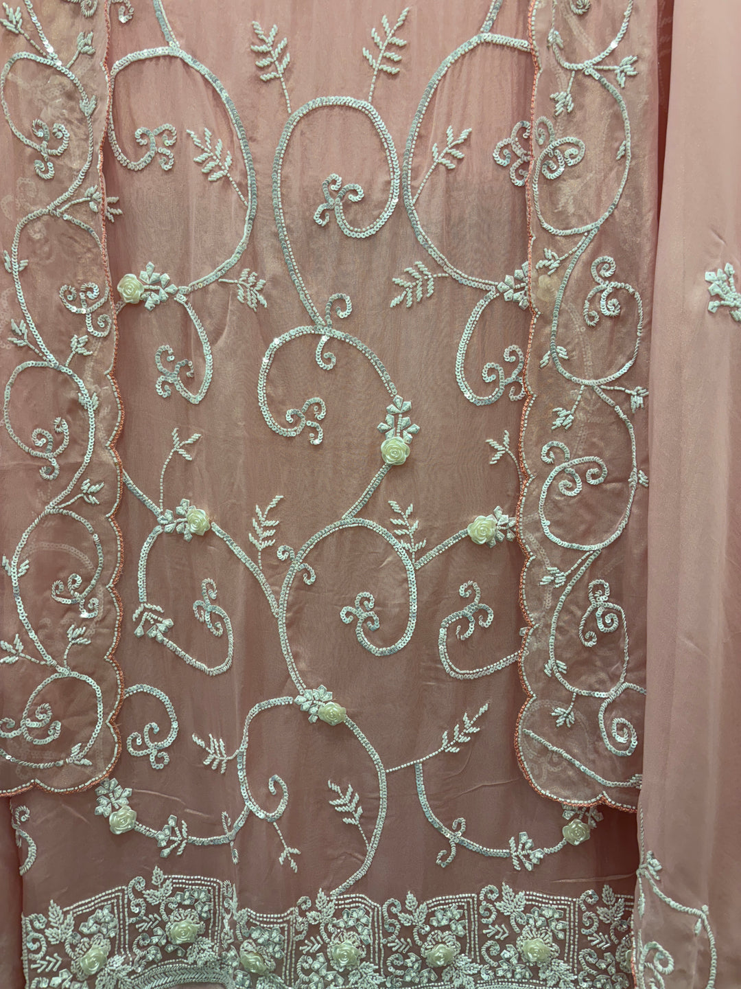 Pink Organza Shimmer Unstitched Suit with 3D Floral Work