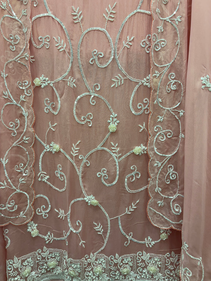 Pink Organza Shimmer Unstitched Suit with 3D Floral Work