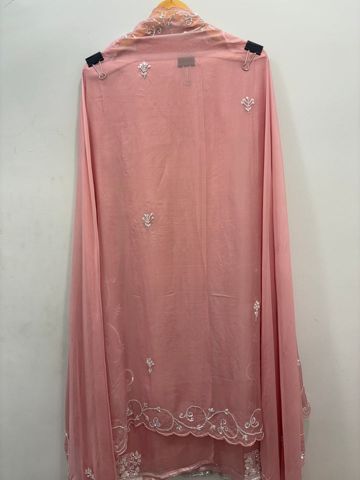 Pink Organza Shimmer Unstitched Suit with 3D Floral Work