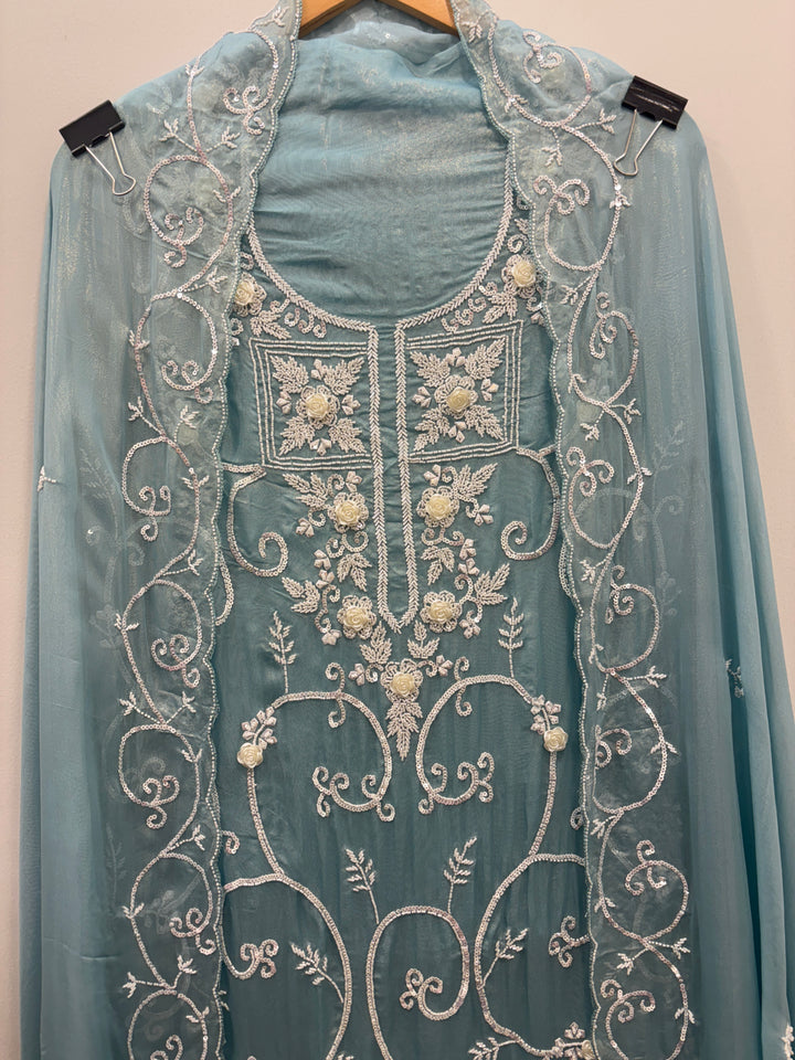 Pink Organza Shimmer Unstitched Suit with 3D Floral Work