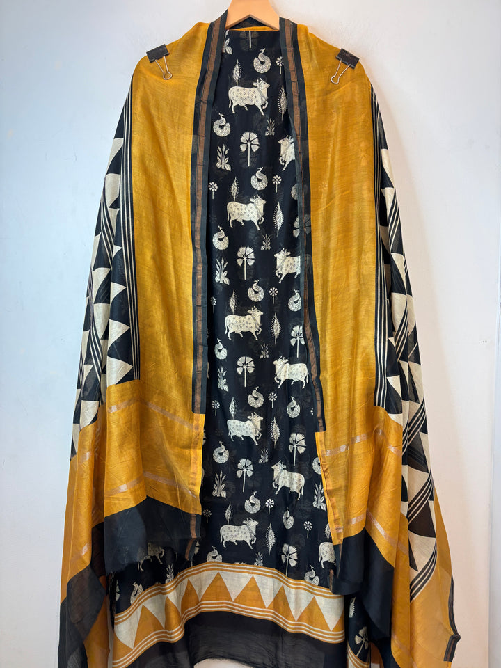 Mustard Yellow Maheshwari Pichwai Printed Unstitched Suit Set