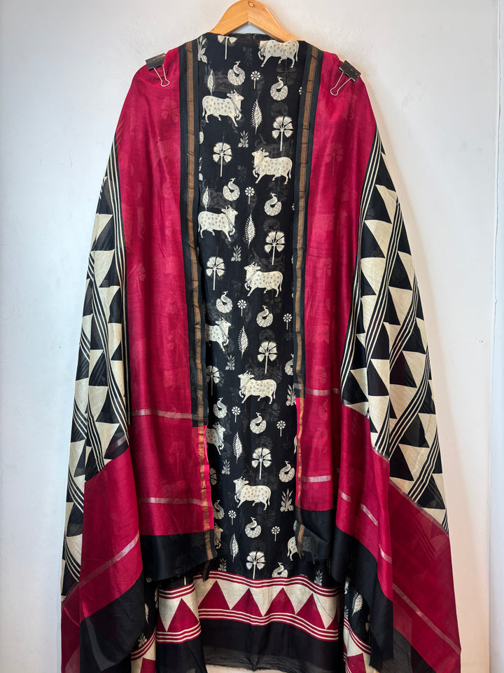 Maroon Maheshwari Pichwai Printed Unstitched Suit Set