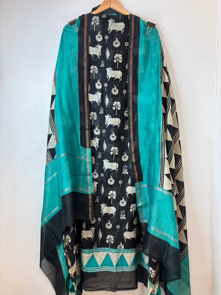 Green Maheshwari Pichwai Printed Unstitched Suit Set