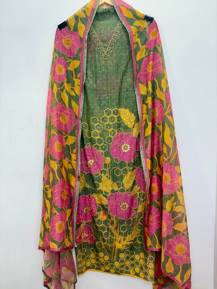 Green Mul Cotton Unstitched Suit with Floral Print