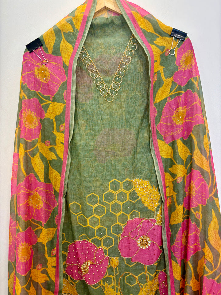 Green Mul Cotton Unstitched Suit with Floral Print